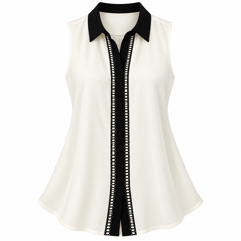 The Limited Womens 1X Sleeveless Blouse Ivory Black Ladder Lace Trim Button Up